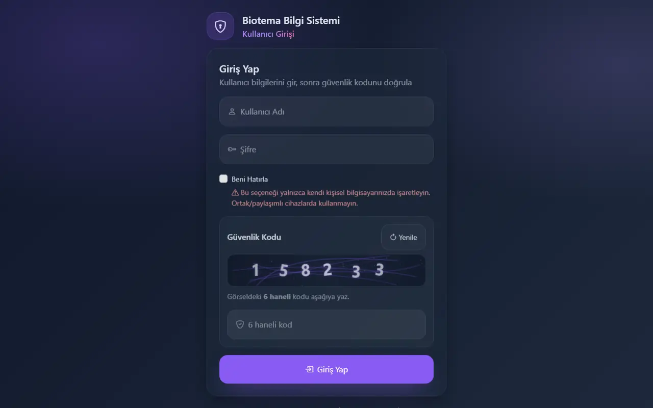 bio-tema.com CRM yazılımının kullanıcı giriş ekranı